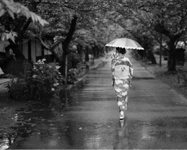 雨の中を歩く着物の女性